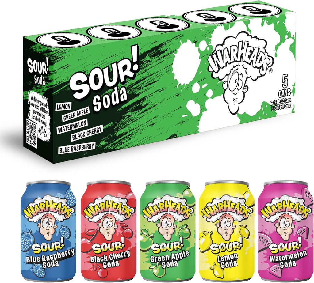 WARHEADS SODA - Sour Fruity Soda with Classic Warheads Flavors – Perfectly Balanced Sweet and Sour Soda - Warheads Candy Throwback Treat, Soda, Cocktail Mixer, Pack of 5, 12oz Cans (Sampler Pack)