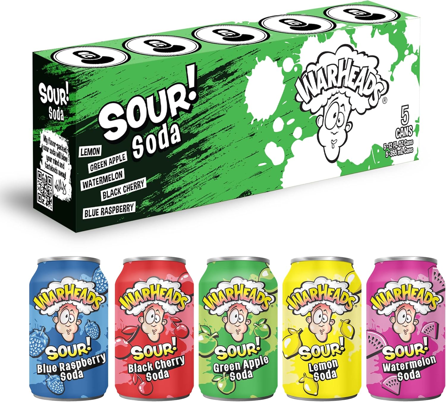 WARHEADS SODA - Sour Fruity Soda with Classic Warheads Flavors – Perfectly Balanced Sweet and Sour Soda - Warheads Candy Throwback Treat, Soda, Cocktail Mixer, Pack of 5, 12oz Cans (Sampler Pack)