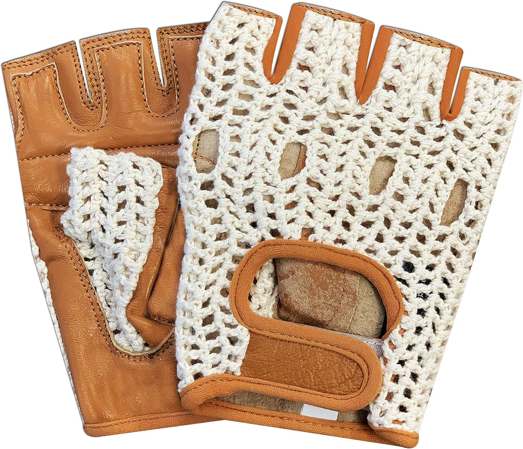 Real Soft Leather Crochet Net Fingerless Driving Weight Training Cycling Wheelchair Gloves W-1037