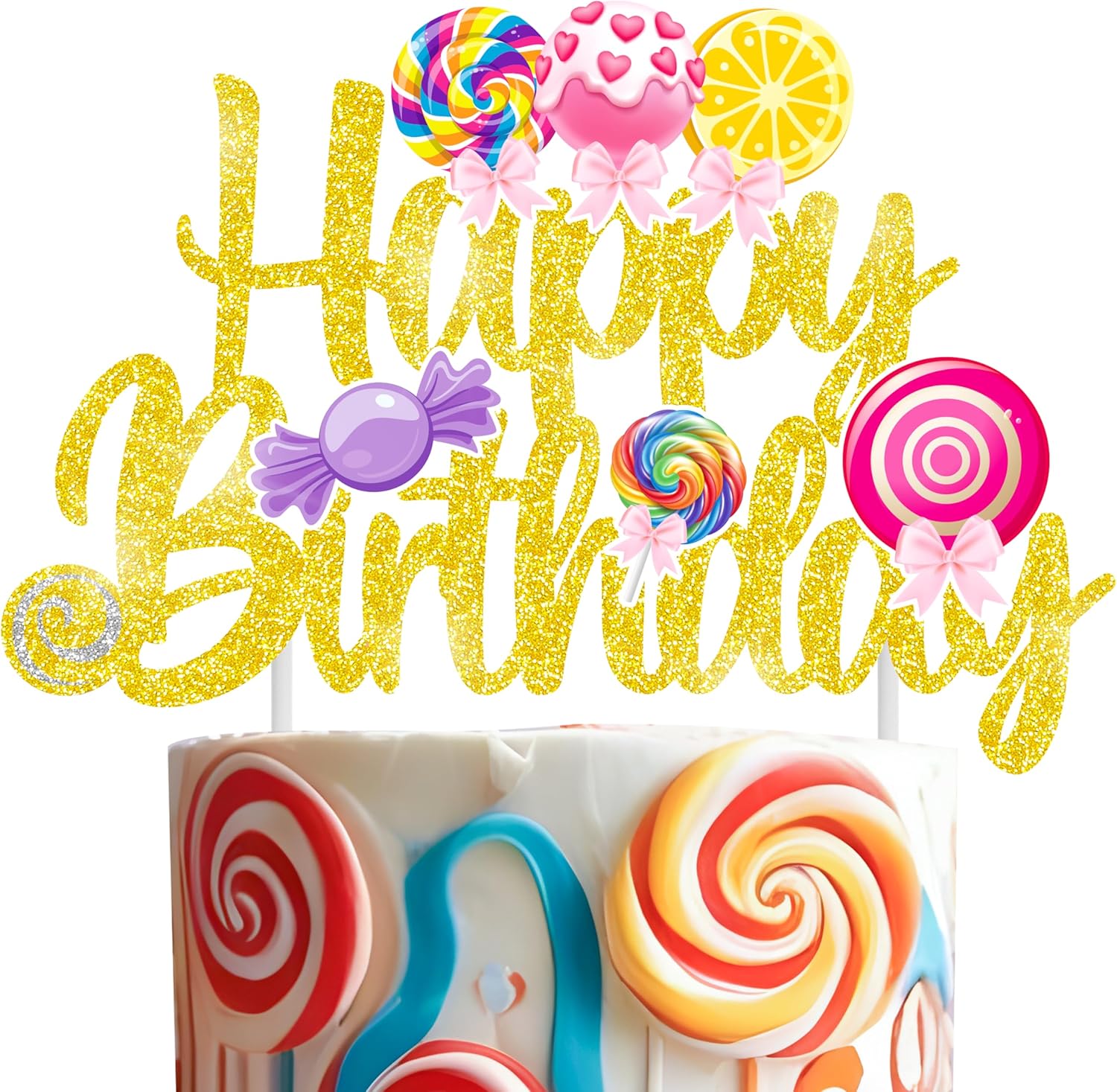 Lollipop Birthday Cake Topper Candy Party Supplies Candyland Birthday Party Decorations Gold Glitter Candyland Cake Topper Decorations for Candyland Theme Birthday Party Sweet Baby Shower Decorations