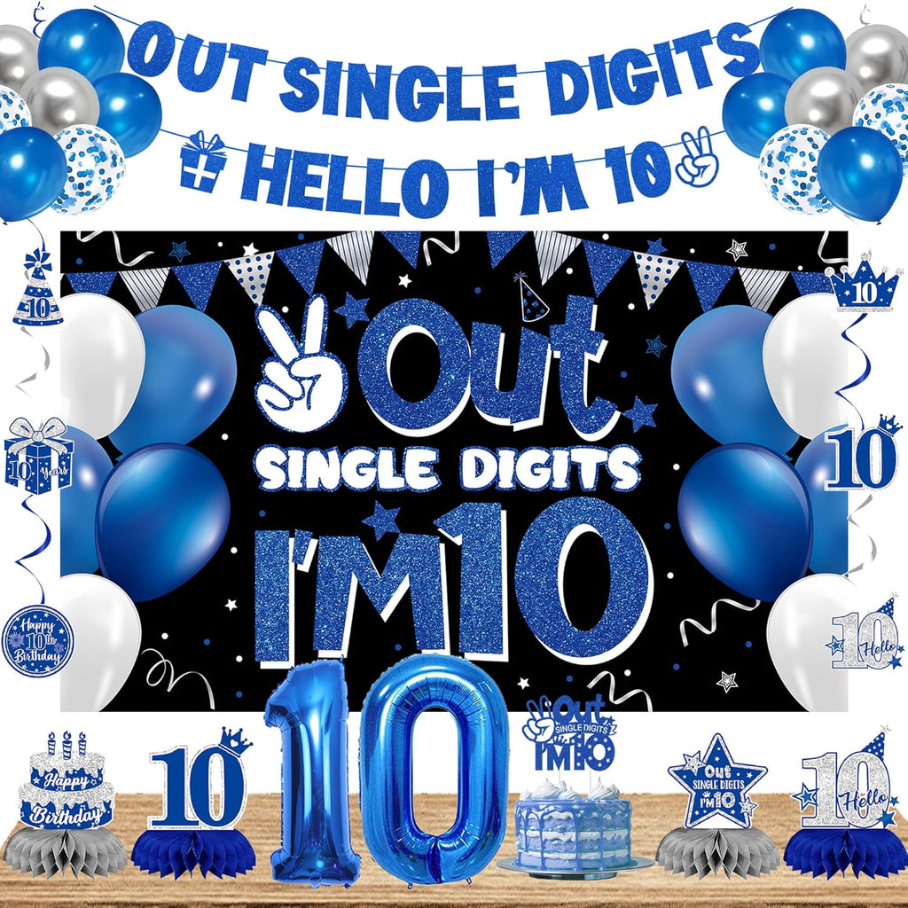 DARUNAXY 10th Birthday Party Decorations for Boys Girls, Blue Out Single Digits I’m 10 Banner, 10 Number Balloons & Cake Topper, 10 Years Old Birthday Honeycomb Hanging Swirl Confetti Balloons(29PC)