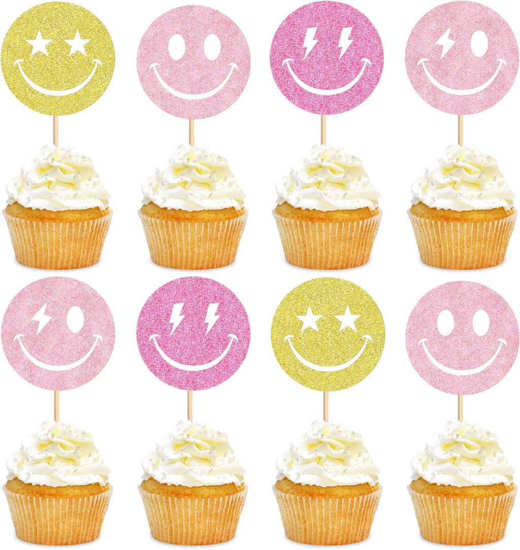 24 Pcs Smile Face Cupcake Toppers Selected Smile Expression Pack for Boys and Girls Paper Cupcake Toppers Baby Shower Birthday Party Cake Decorations Supplies