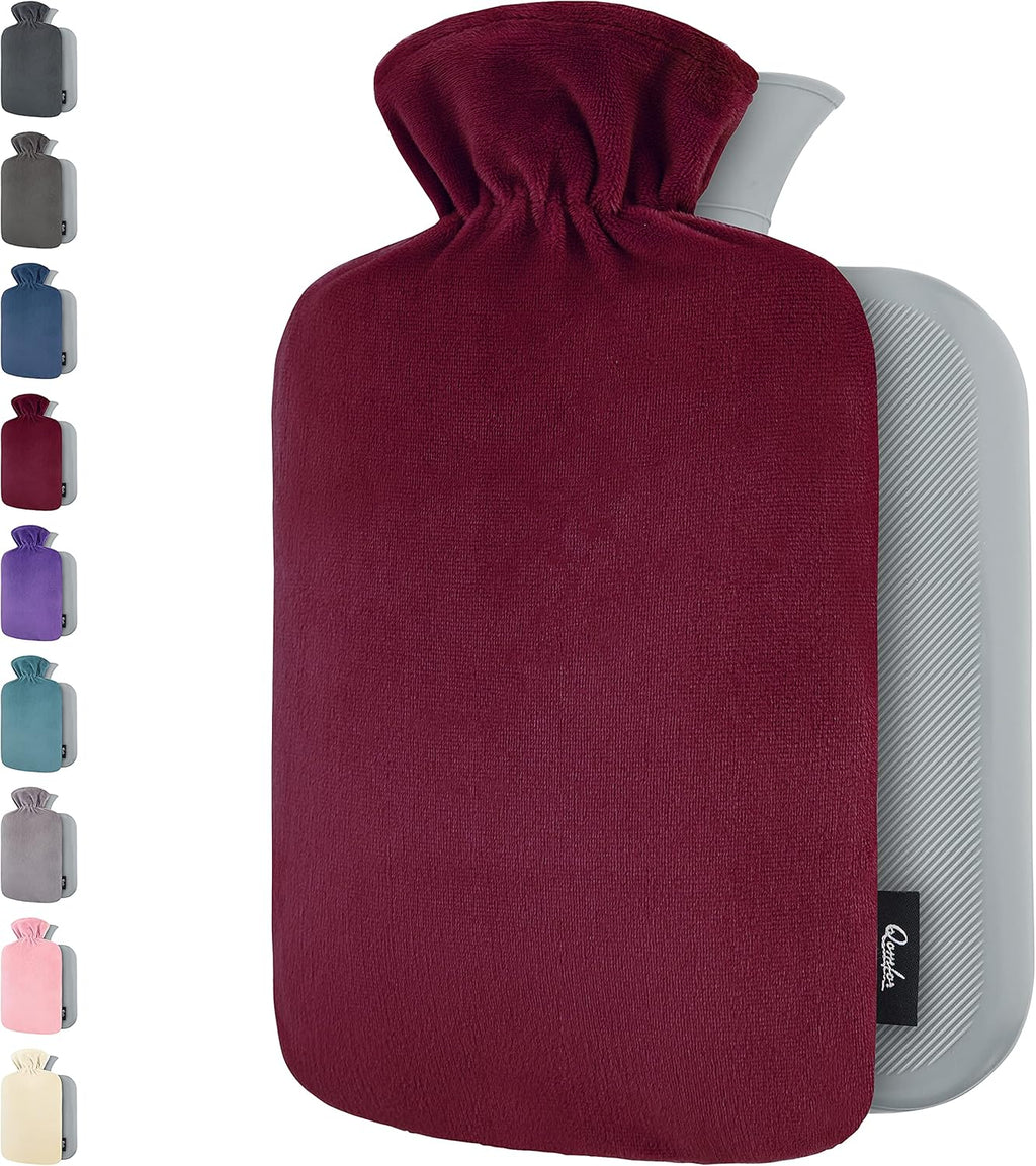 Qomfor Hot Water Bottle with Soft Fleece Cover - 1.8L Large - Premium Hot Water Bag for Pain Relief, Period Cramps, Cozy Nights, Bed Warmer, and Feet Warmer (Bordeaux)