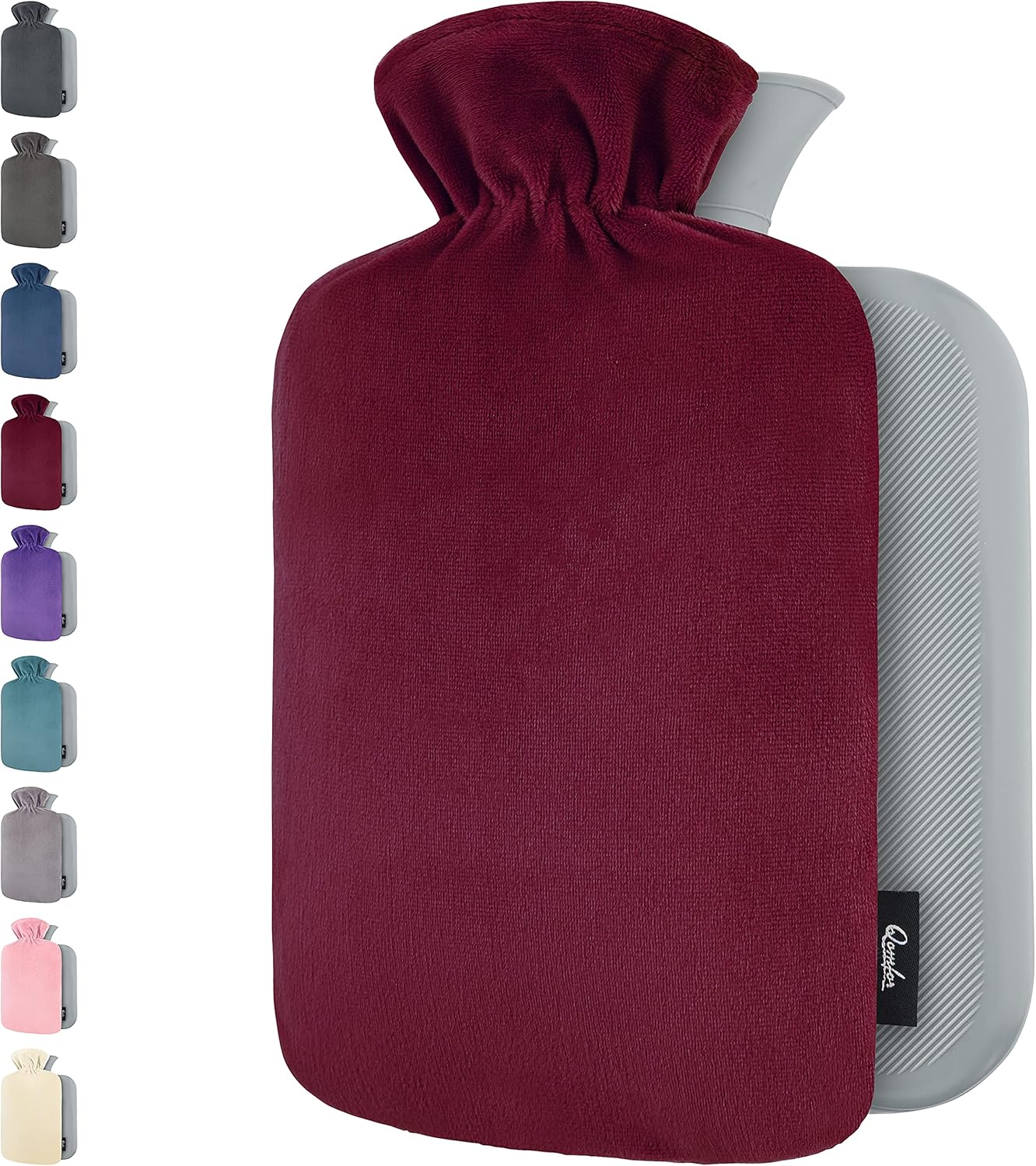 Qomfor Hot Water Bottle with Soft Fleece Cover - 1.8L Large - Premium Hot Water Bag for Pain Relief, Period Cramps, Cozy Nights, Bed Warmer, and Feet Warmer (Bordeaux)