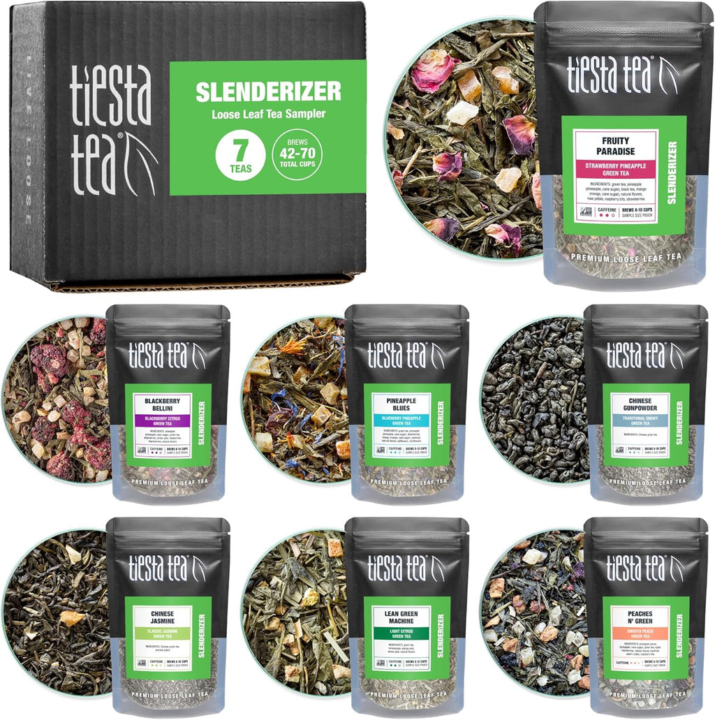 Tiesta Tea - 7 Green Teas Dry Flight Sampler, Loose Leaf, Medium Caffeine Hot & Iced Tea, Premium Green Tea Blends, 7 Resealable Sample Pouches