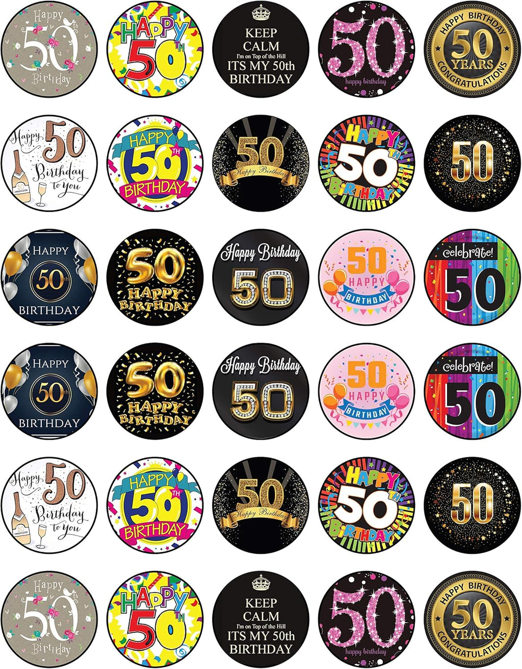 30 x Edible Cupcake Toppers Themed of 50th Happy Birthday Collection of Edible Cake Decorations | Uncut Edible on Wafer Sheet
