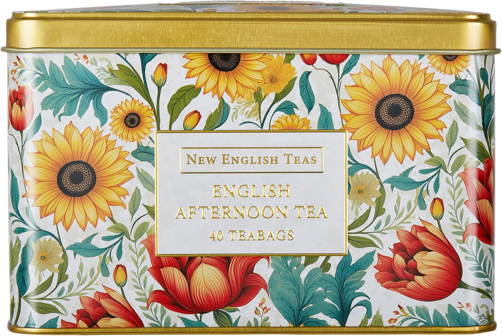 New English Teas Victorian Sunflower Tea Tin with 40 English Afternoon Teabags, Inspired by Embroidery & Textile Styles