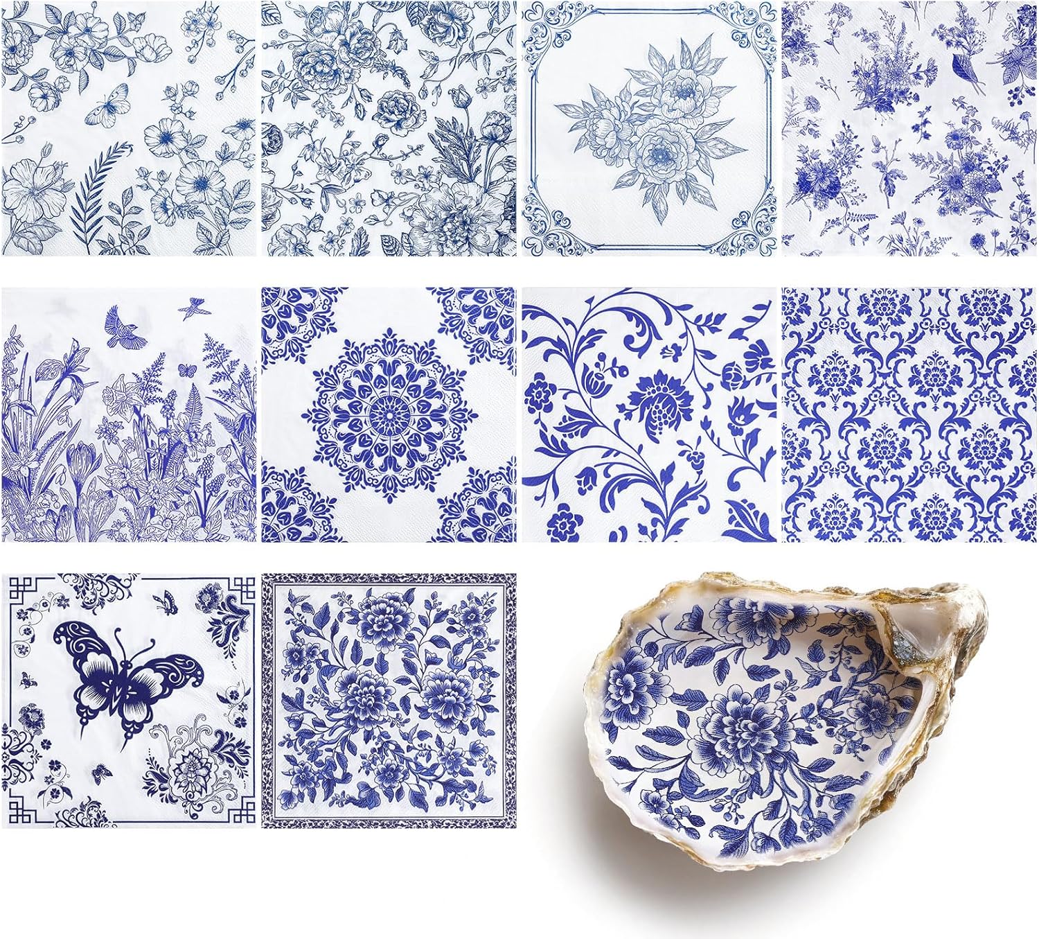 NatNarr 30 Pack Decoupage Napkins, 10 Styles Blue and White Floral Paper Napkins Chinoiserie Decorative Decoupage Napkin Printed Cocktail Paper for DIY Crafting Birthday Party Baby Shower