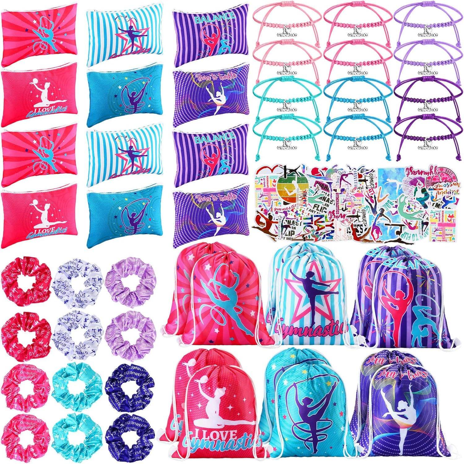 Abbylike 49 Pcs Gymnastics Party Favor Set 12 Makeup Bag 12 Bracelet 12 Drawstring Backpack 12 Hair Ties 1 Set Gymnastic Stickers for Women Girl Gym Sport Yoga