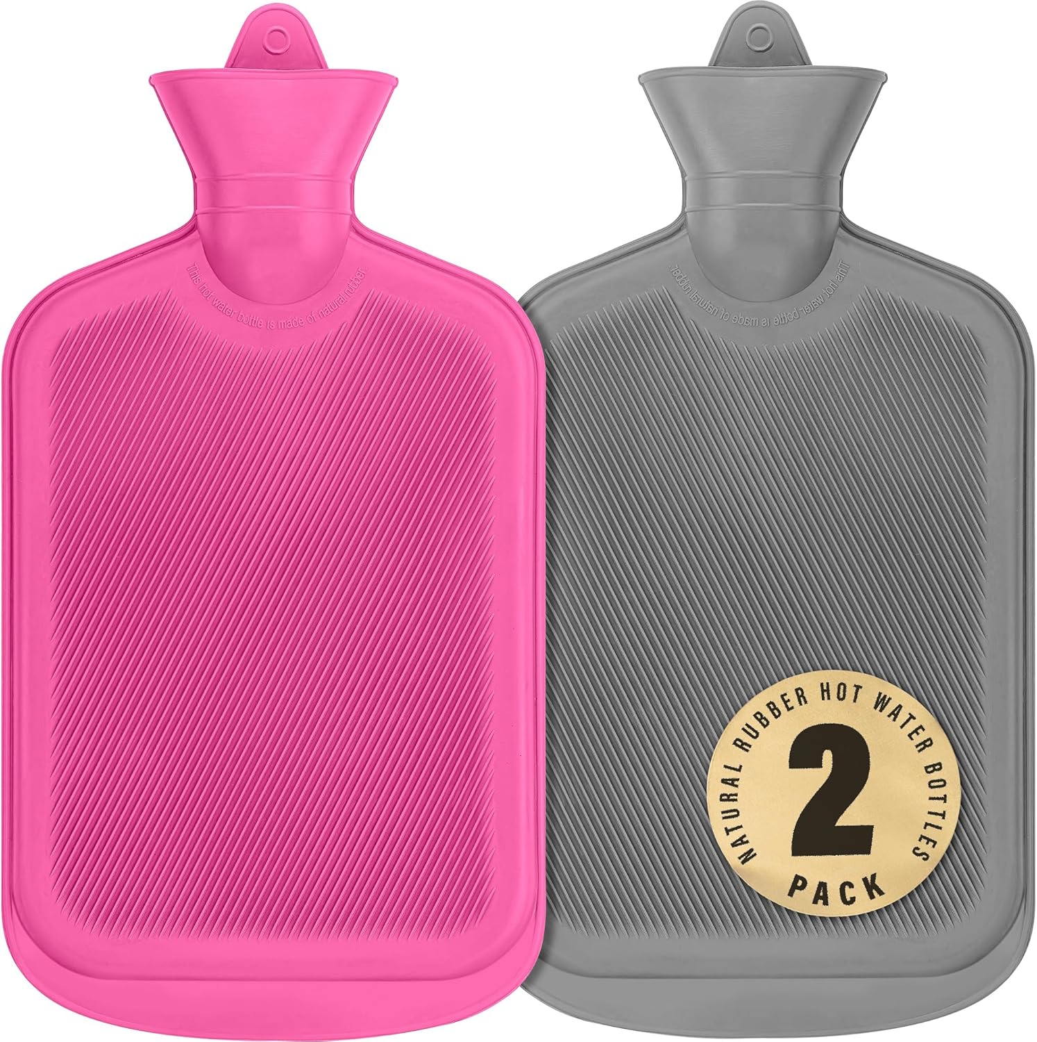 SteadMax [2 Pack] Hot Water Bottles, 2L (68oz) Natural Rubber -BPA Free- Durable Large Hot Water Bag for Hot Compress and Heat Therapy, Pain Relief Heating Pad, (Pink & Gray)