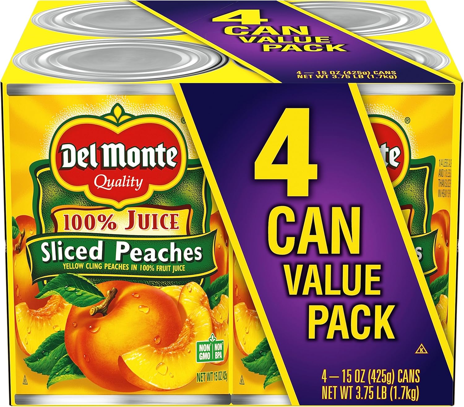 Del Monte Yellow Cling Sliced Canned Peaches in 100% Juice, 15 oz Cans (Pack of 4)