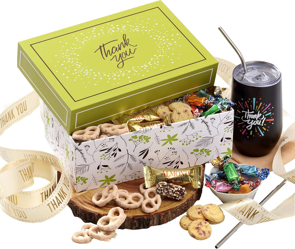 Broadway Basketeers Thank You Chocolate and Sweets Gift Box with a large 16oz. Insulated Thank You Gift Mug Express Your Wishes with This Fun Filled Gift Box with Mom Dad Friends