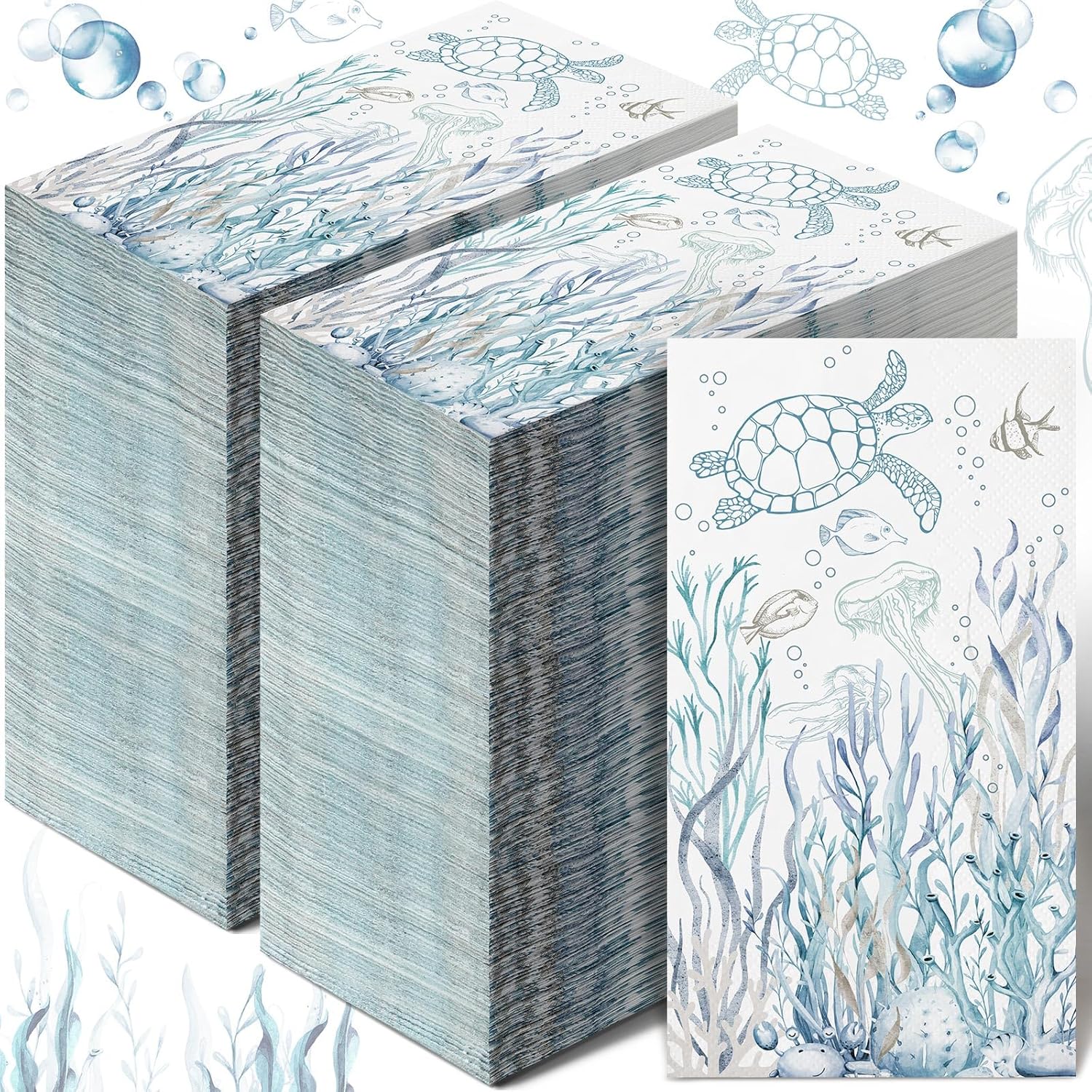 100 Pcs Coastal Turtle Bathroom Paper Guest Towel 2 Ply Summer Guest Napkins Blue Bathroom Paper Hand Towels Jellyfish Dinner Nautical Napkins for Wedding Baby Shower Holiday Party