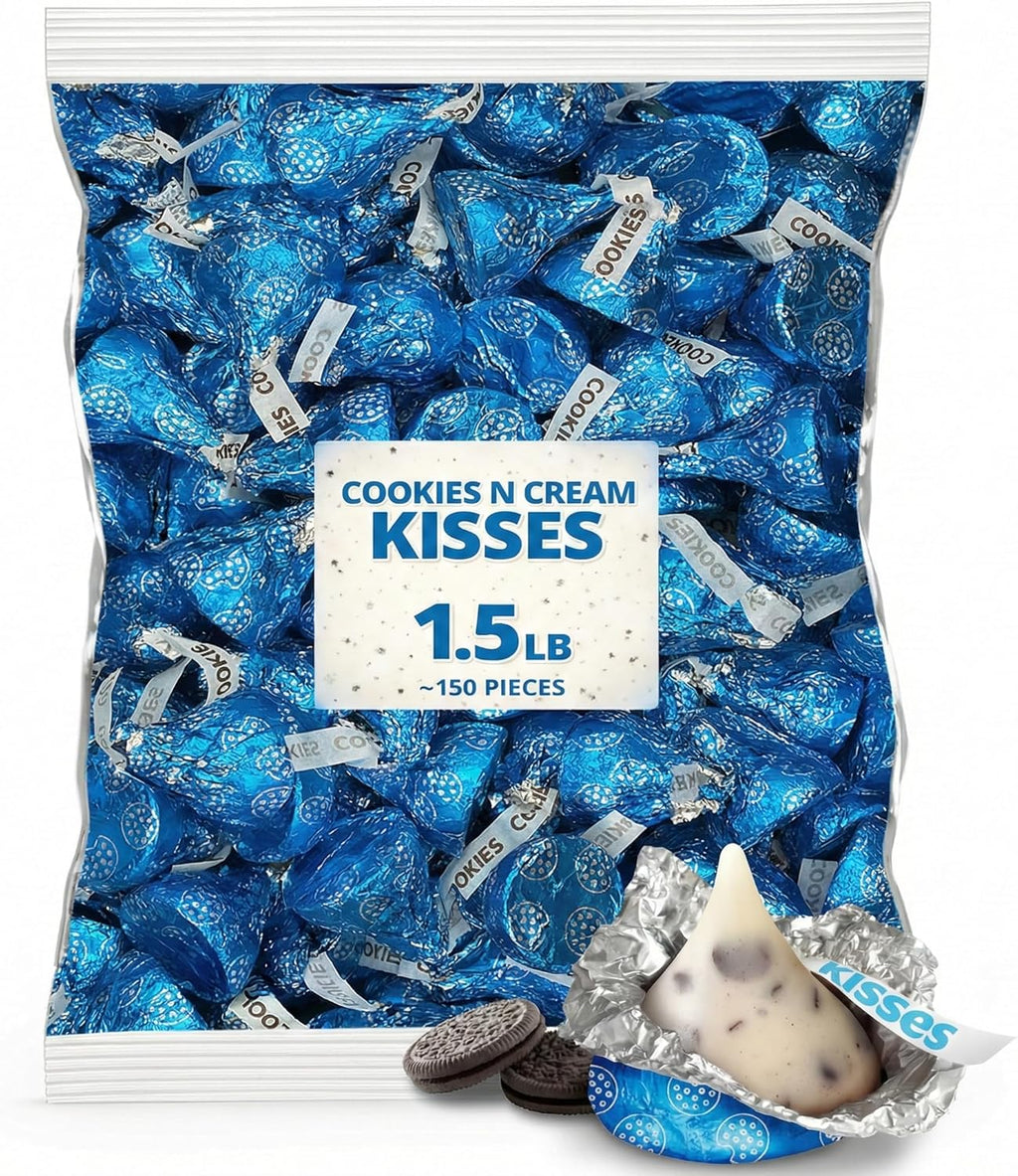 Cookies & Cream Kisses Candy - 1.5 lb Bulk Bag - White Creme Kiss-Shaped Candy (Approx. 150 Individually Wrapped Pieces) for Sweets Bowls, Party Favors, Baby Showers, Dessert Tables & Baking