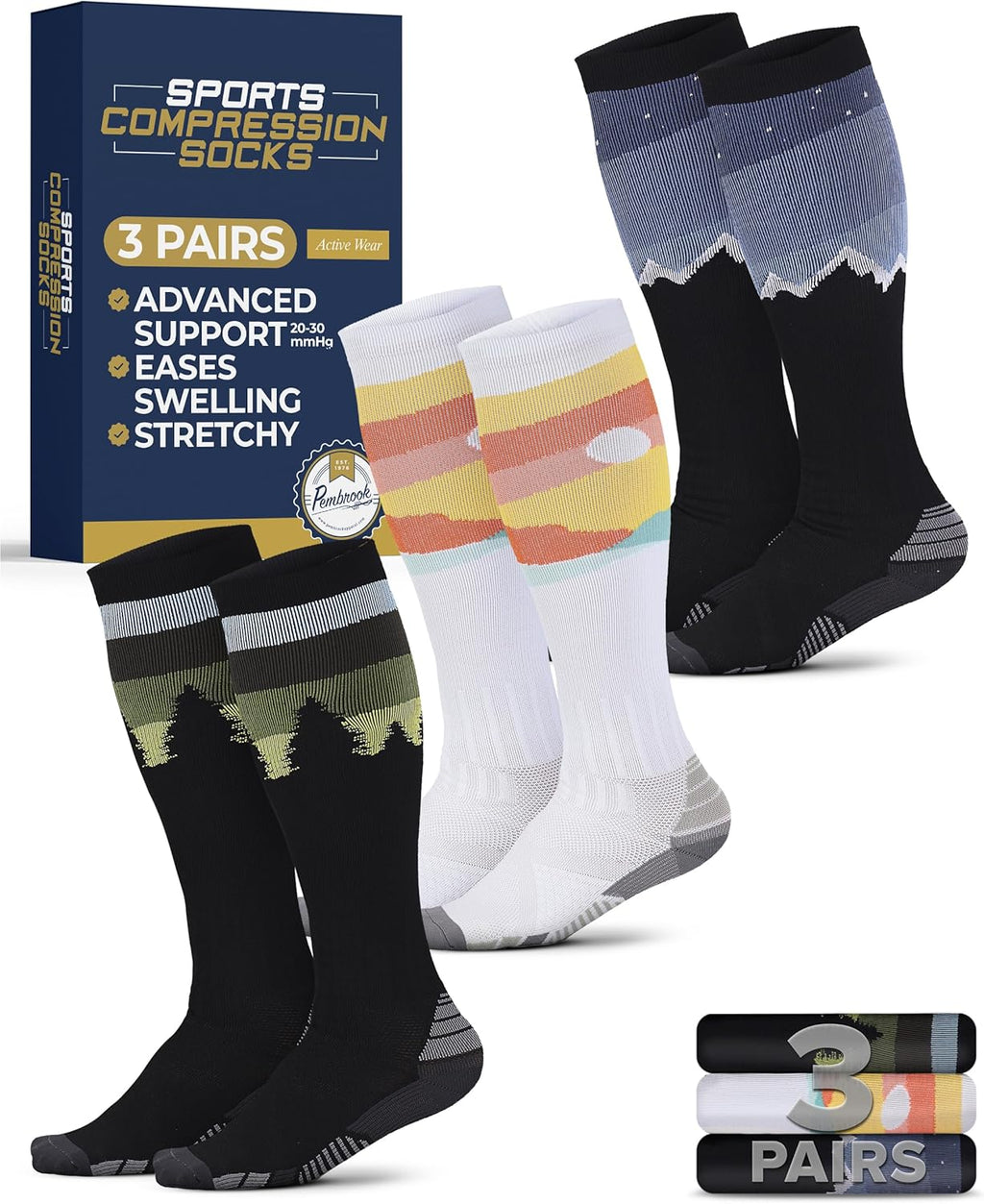 Pembrook 3 Pairs Compression Socks 20-30 mmHg - Compression Socks for Women and Men | Running, Athletic, Travel, Nurses