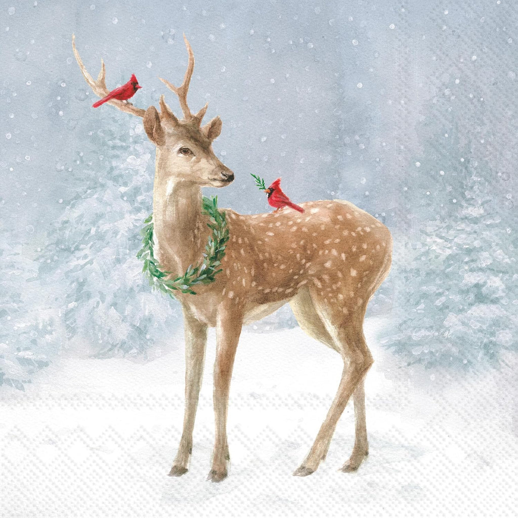 IHR Ideal Home Range Cocktail Napkins Disposable 3-Ply Paper Party Napkin Pack, 5" x 5", Deer In Snow (Blue), 20-Count