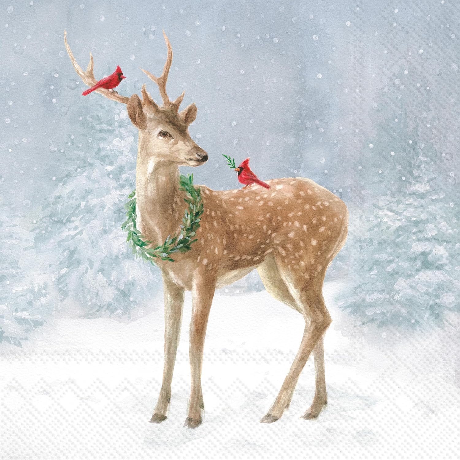 IHR Ideal Home Range Cocktail Napkins Disposable 3-Ply Paper Party Napkin Pack, 5" x 5", Deer In Snow (Blue), 20-Count