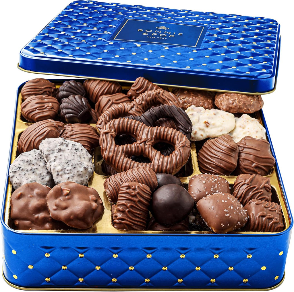 Chocolate Gift Basket, Candy Food Gifts Arrangement Platter, Gourmet Snack Box, Present Idea, Corporate Him & Her, Men Women Sympathy Family Parties & Get Well- Blue- Bonnie & Pop