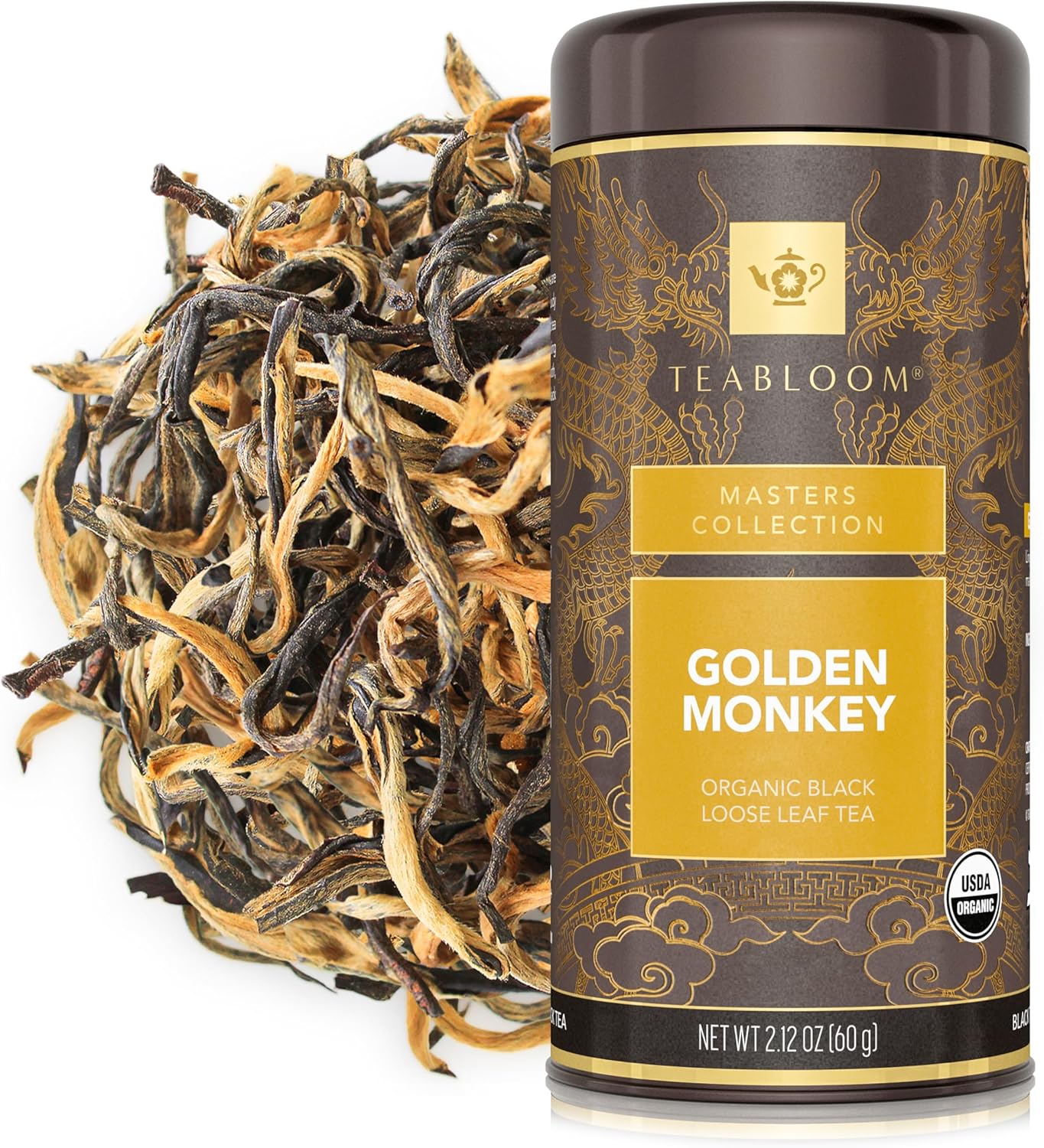 Teabloom Organic Golden Monkey Loose Leaf Tea, USDA Certified Organic Black Tea, Lingering Aroma with Smooth and Malty Flavor, 2.12 Ounce Loose Leaf Tea Canister Makes 35-50 Cups