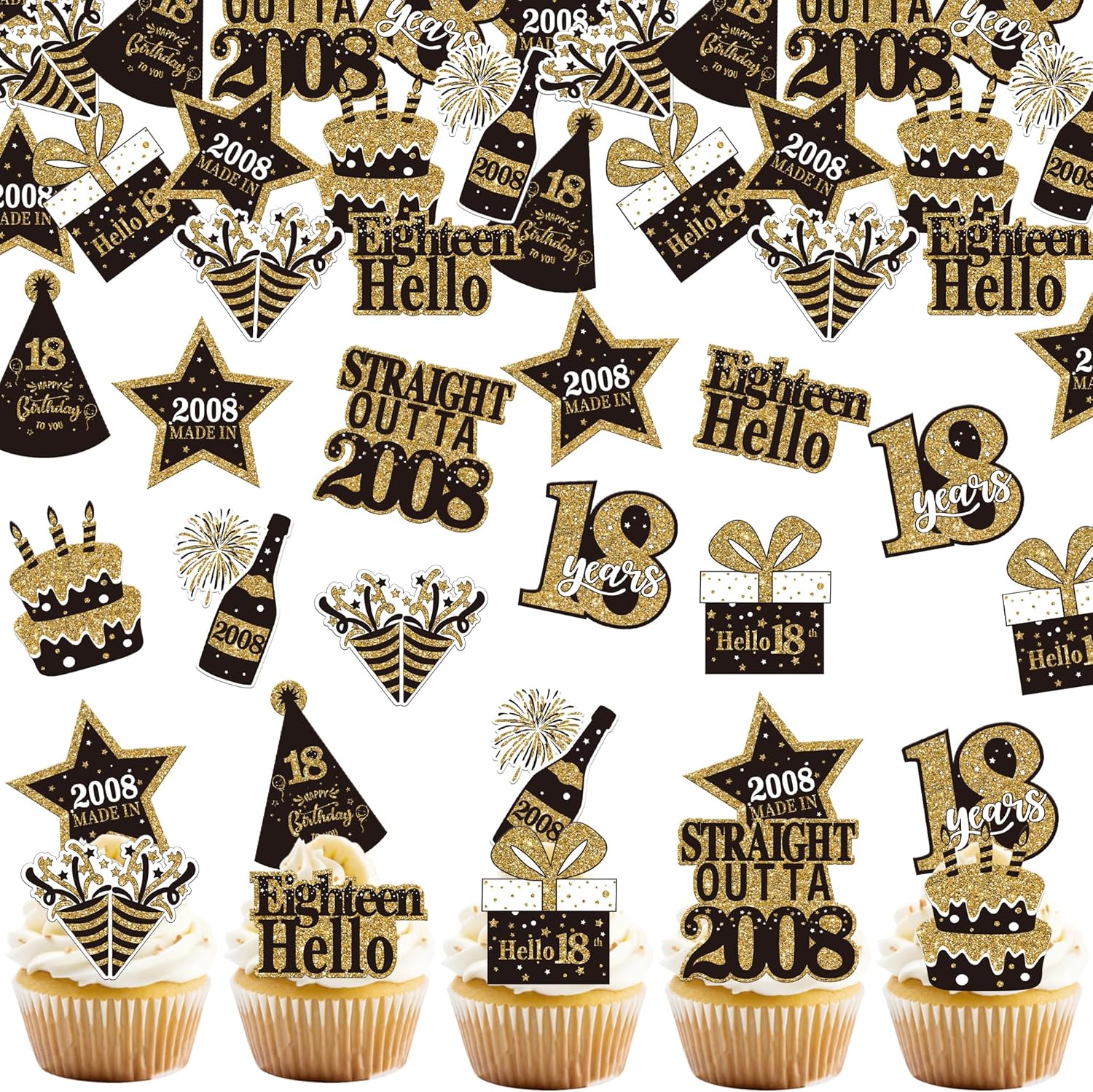 63 PCS Edible Happy 18th Birthday Cupcake Toppers Black Gold Eighteen 18 Straight Outta 2008 Cupcake Picks Edible Cheers to 18 Years Birthday Cake Decorations for 18th Birthday Party Supplies