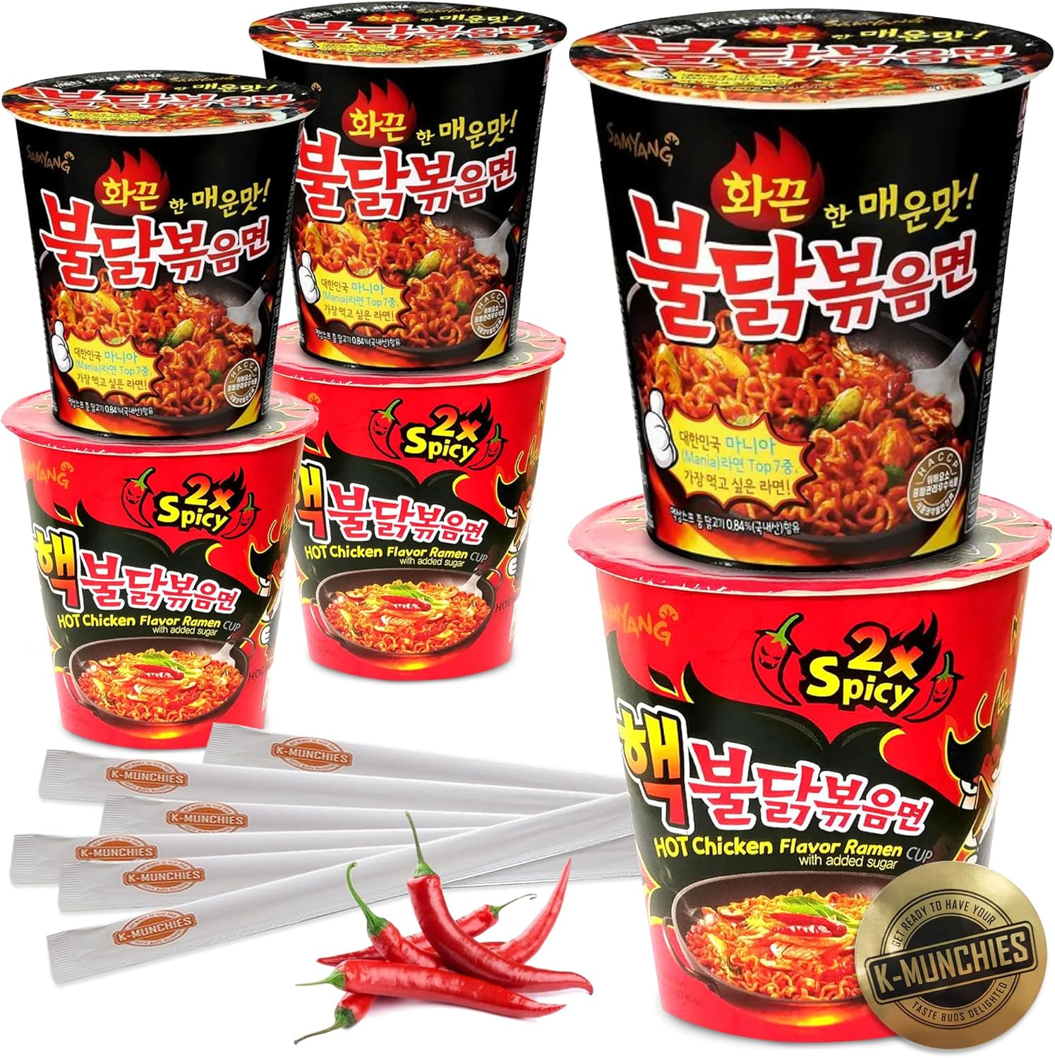 Samyang Roasted Chicken-Flavored Spicy Ramen - 6 (70g) Assorted Cup Noodles, 3 Each: 2X SpicRamen Noodles and Spicy Chicken Ramen - Instant Noodles in a Cup – Includes 6 Chopsticks