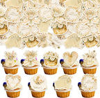 Ephlyn 54Pcs Edible Happy Mother's Day Cupcake Toppers Heart Love Mom Cake Drink Topper Picks Flowers Cake Decoration for Mom's Birthday Party Cake Decor Supplies Champagne Gold