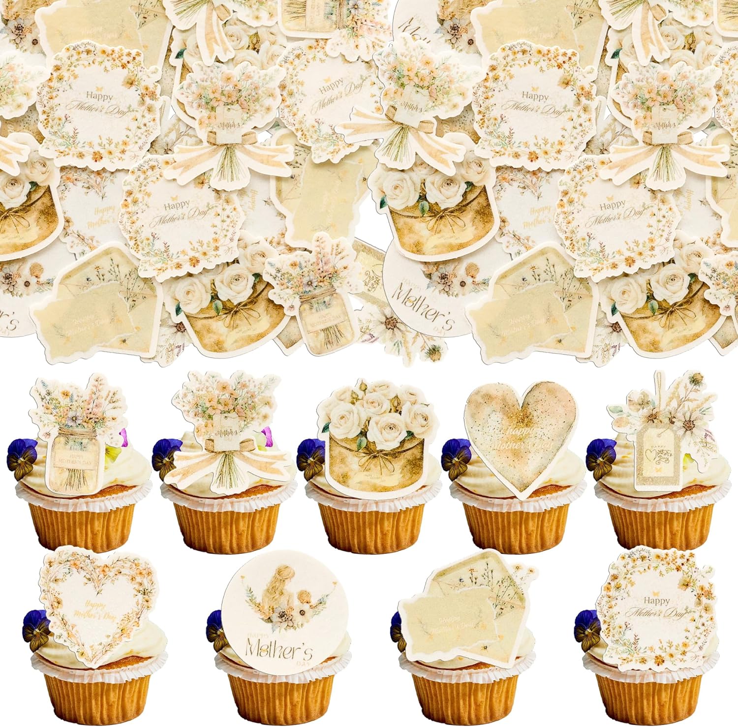 Ephlyn 54Pcs Edible Happy Mother's Day Cupcake Toppers Heart Love Mom Cake Drink Topper Picks Flowers Cake Decoration for Mom's Birthday Party Cake Decor Supplies Champagne Gold