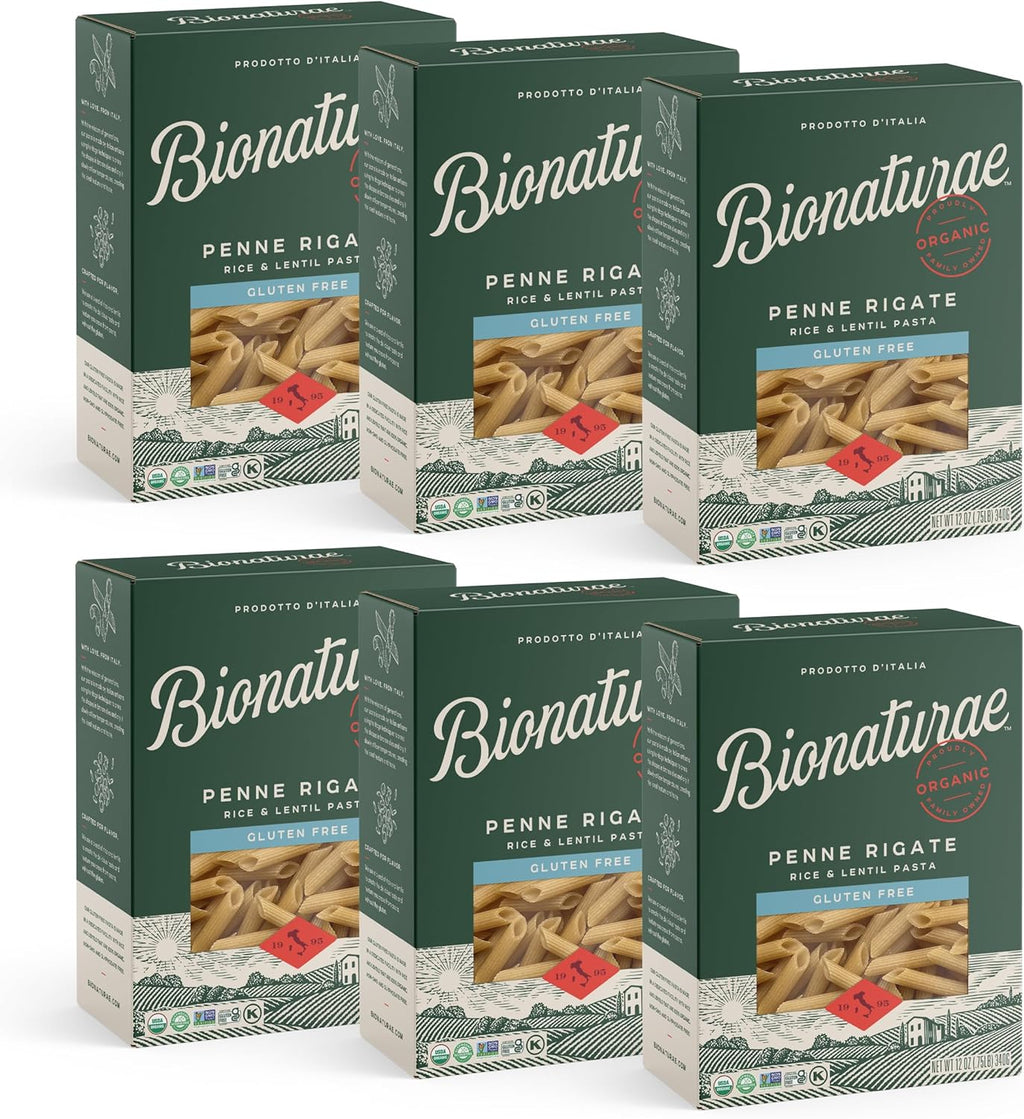 Bionaturae Penne Rigate Pasta Noodles - Gluten Free Pasta Organic, Rice & Lentil Pasta, Kosher Certified, High Protein, Non-GMO, USDA Certified, Gluten Free Pastas, Crafted in Italy - 12 Oz, 6 Pack
