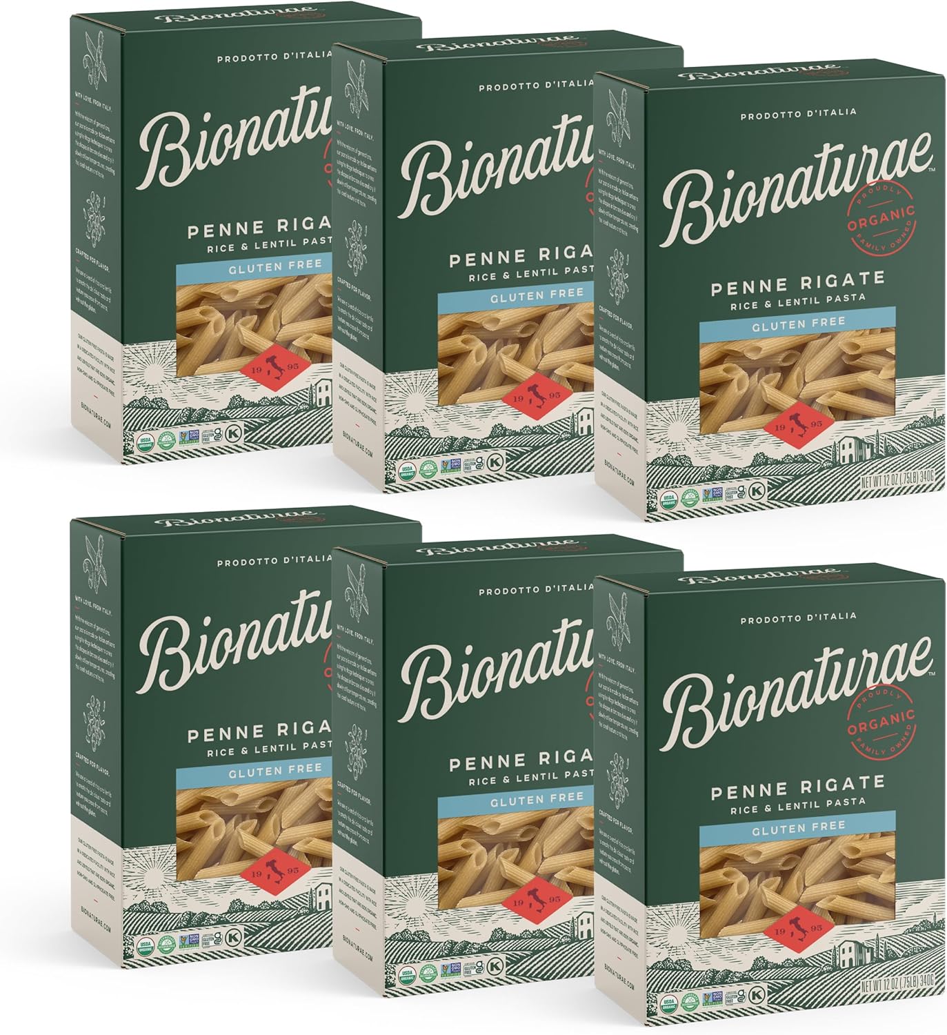 Bionaturae Penne Rigate Pasta Noodles - Gluten Free Pasta Organic, Rice & Lentil Pasta, Kosher Certified, High Protein, Non-GMO, USDA Certified, Gluten Free Pastas, Crafted in Italy - 12 Oz, 6 Pack