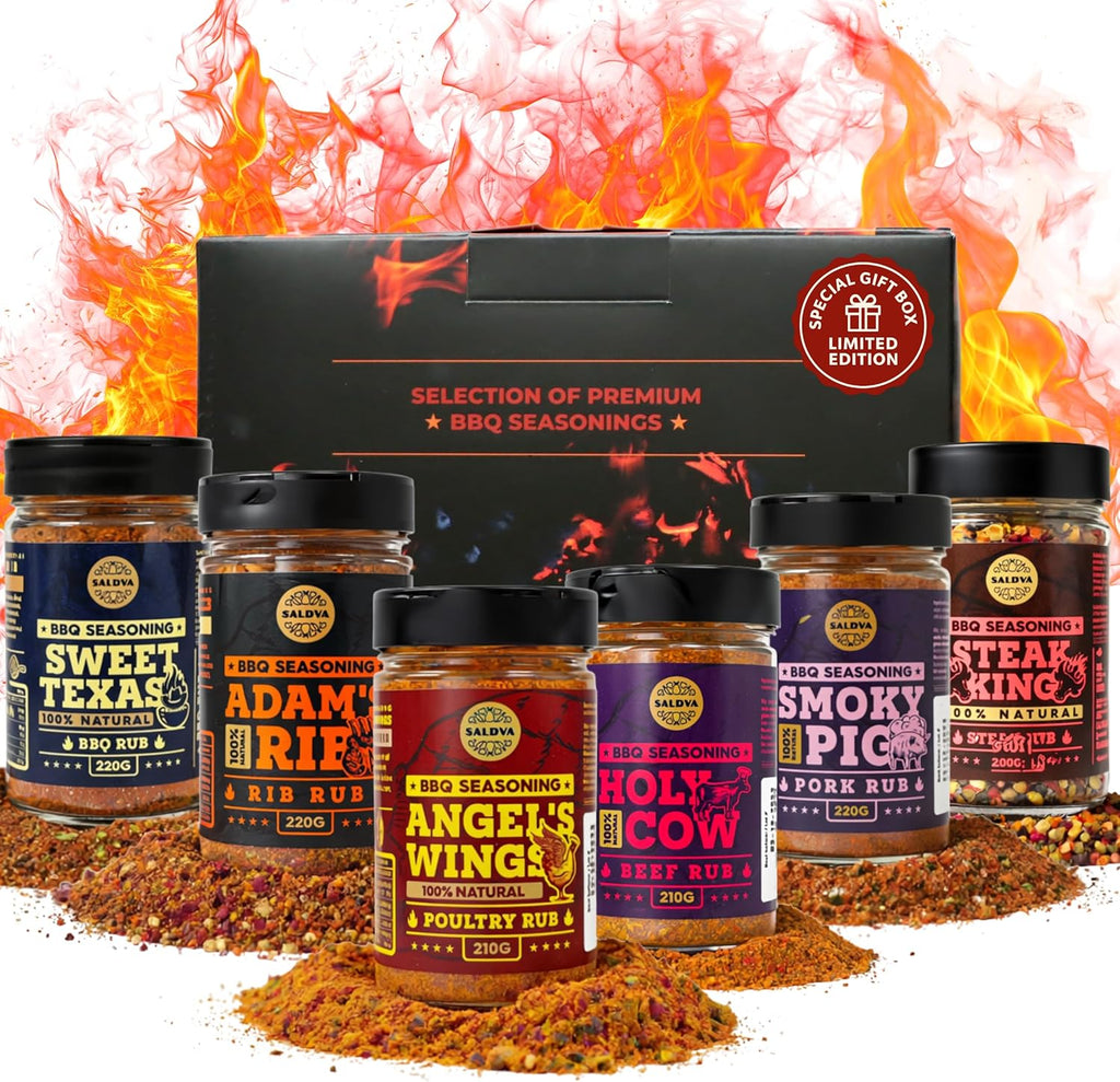 SALDVA Gift Selection of Premium BBQ Seasonings - Holy Cow, Angel’s Wings, Smoky Pig, Sweet Texas, Steak King & Adam's Ribs BBQ Rubs | Pack of 6 | 100% Natural | Spice Gift For Foodie