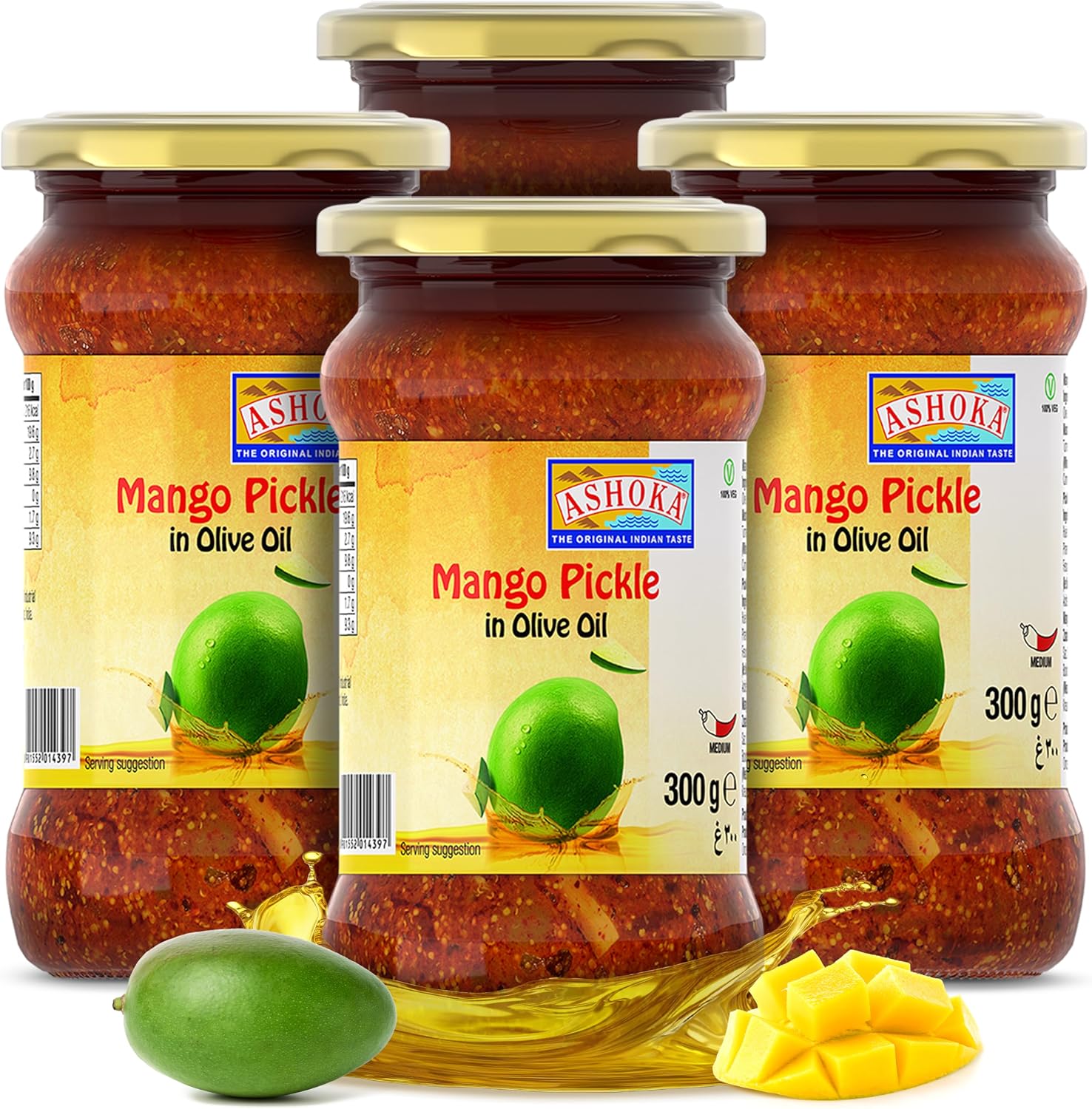 Ashoka Mango Pickle | Traditional Indian Pickle | Premiun Olive Oil | All Natural | Indian Pickle Jar | Medium Spiced | Great for Seasoning | Vegan | Kosher Certified | 300 Grams (Pack of 4)
