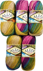Alize Burcum batik wool 5 x 100 gram multicolored with color gradient , 500 grams (17,63 oz) knitting wool 1150 yds (1050 meters) purple, lilac, green, beige 4341