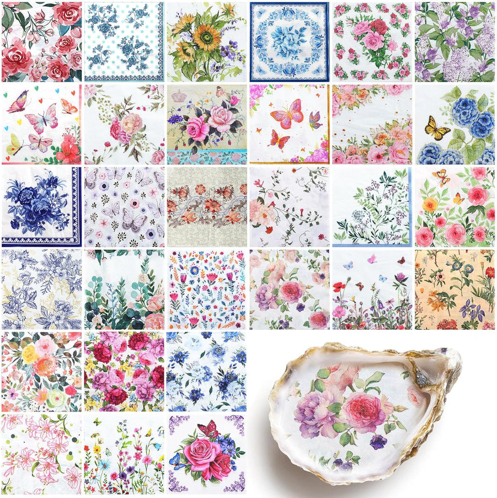 NatNarr 30 Pack Decoupage Napkins, 30 Styles Floral Paper Napkins Chinoiserie Decorative Decoupage Napkin Printed Cocktail Paper for Mother's Day DIY Crafting Spring Party 13 * 13 Inch