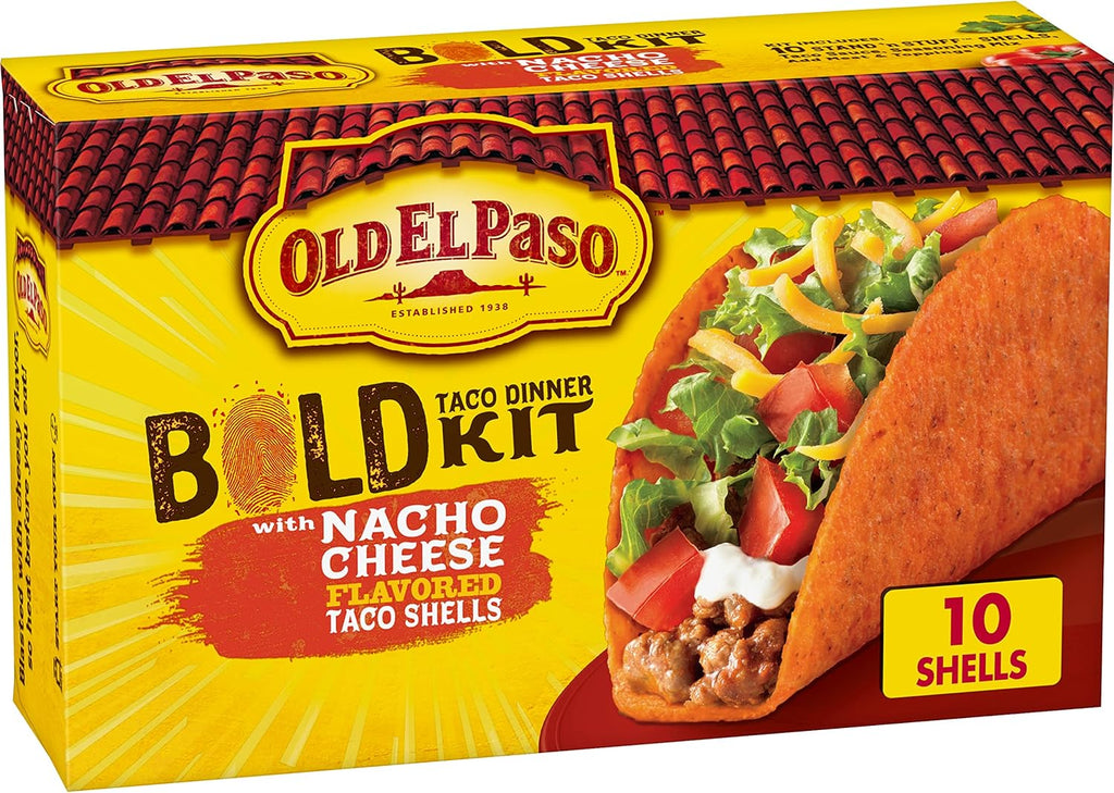 Old El Paso Bold Taco Dinner Kit with Nacho Cheese Flavored Stand 'N Stuff Taco Shells, Taco Sauce, and Seasoning Mix, 10 Ct, 9.5 oz