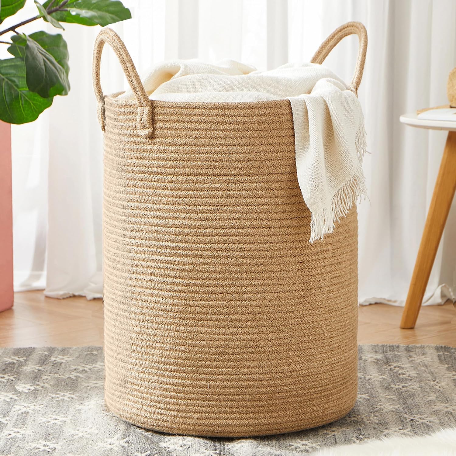 60L Jute Woven Laundry Hamper Basket Wicker Rope Clothes Hamper Tall Rattan Blanket Basket in Living Room Bedroom 15Dx20H Inches Large
