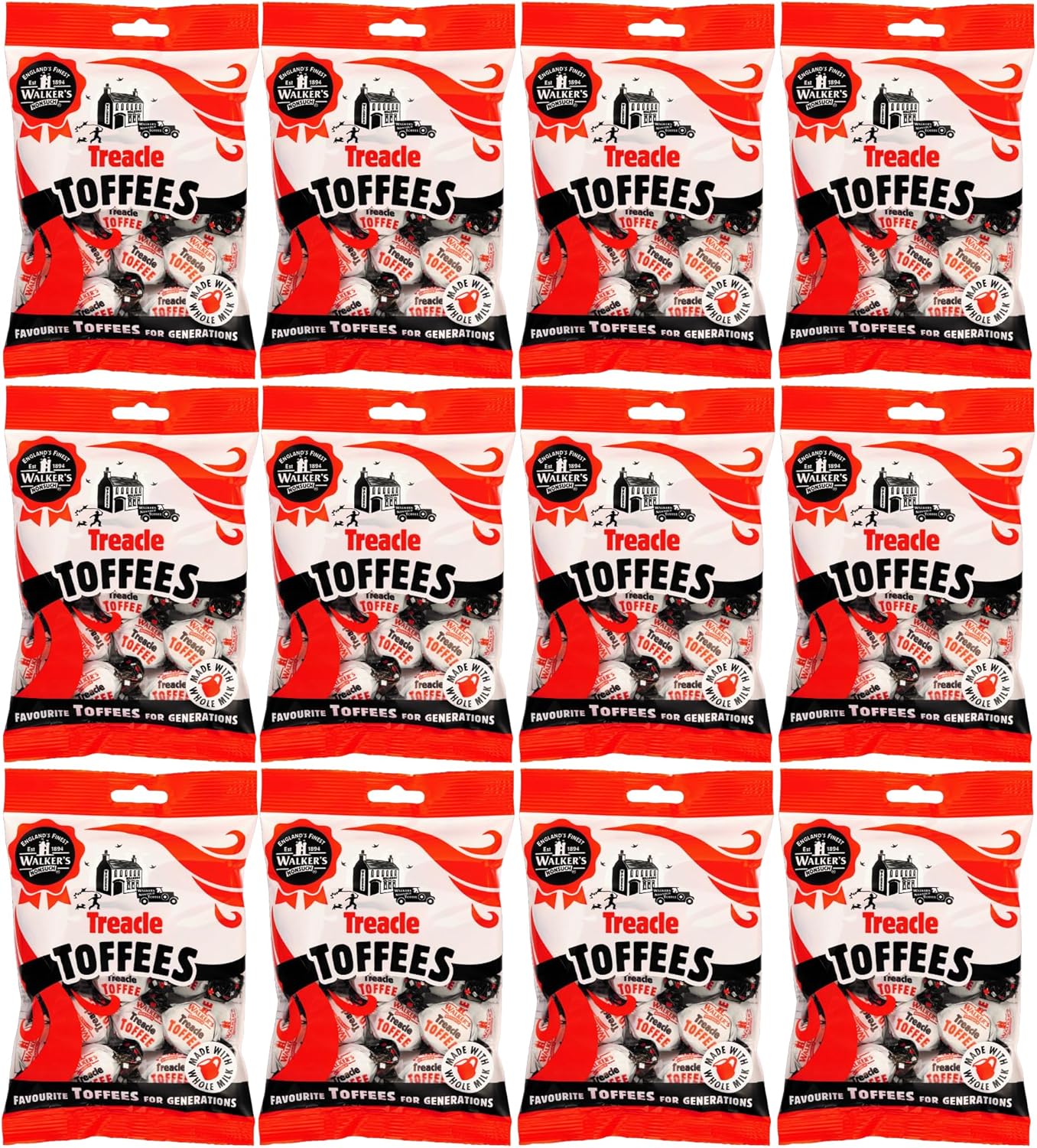 Walkers Nonsuch Treacle Toffees Bag 5.29 oz (Pack of 12) - Chewy Black Treacle English Toffee Candy, Traditional English Sweets, Gluten Free British Butter Candy, Imported from UK