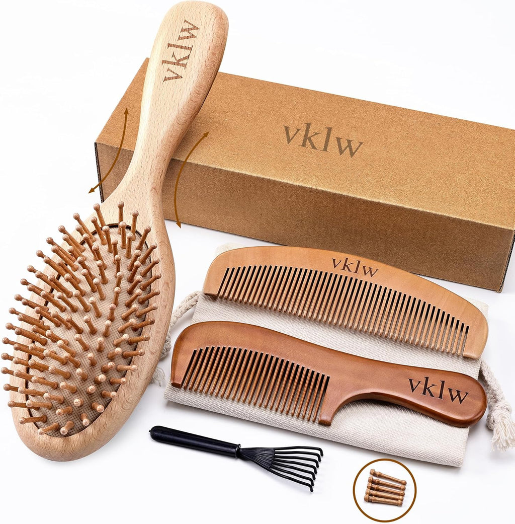 Wooden Hair Brush and Comb, One-piece Design, Reduce Frizz and Static, Massage Scalp, Detangling Paddle Hairbrush for Women, Girls, Kids, Includes Cleaning Claw, 5 Wood Bristles