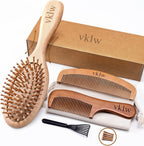 Wooden Hair Brush and Comb, One-piece Design, Reduce Frizz and Static, Massage Scalp, Detangling Paddle Hairbrush for Women, Girls, Kids, Includes Cleaning Claw, 5 Wood Bristles
