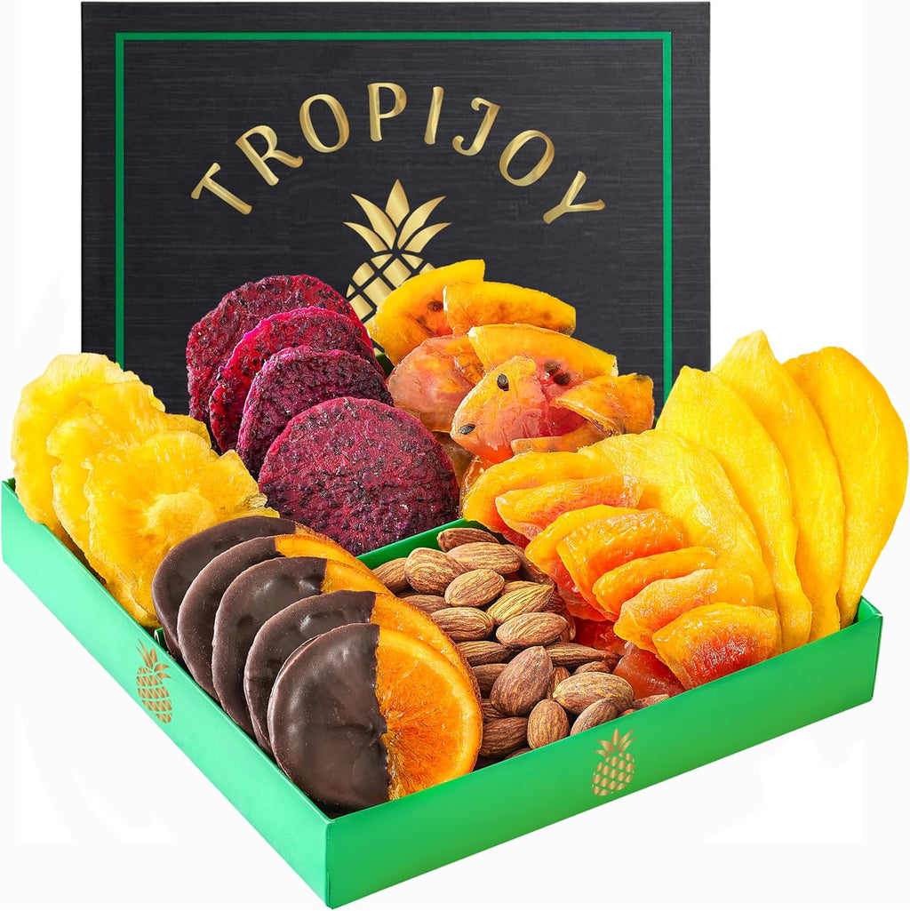 Dried Fruit Gift Basket – 7 Tropical Flavor Dry Fruits Gift Box - Chocolate Orange 12.5oz Soft Dried Fruit Basket Gift | Mixed Dried Fruit & Nut Gifts| Food Gifts for Women Snack Gift Basket for Men
