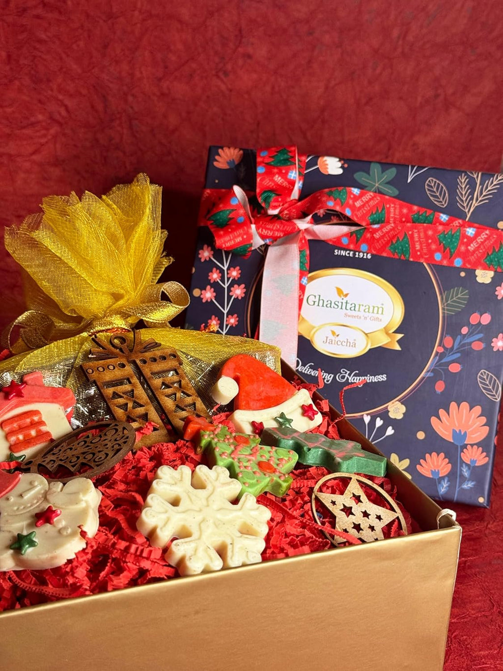 Ghasitaram Gifts Jaiccha Christmas Gifts Hamper Box with plum cake and chocolates and tags
