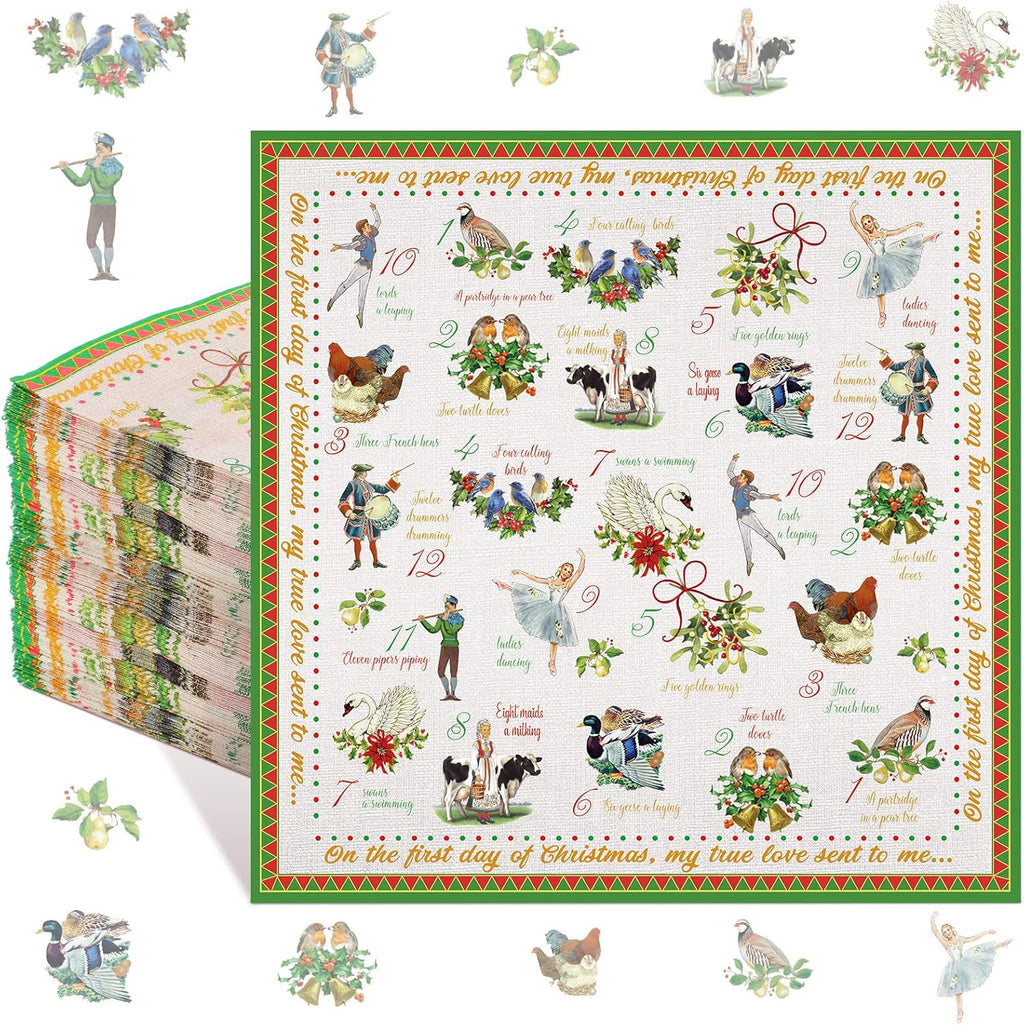 Geyee 100 Pcs 12 Days of Christmas Napkins Holiday Paper Napkin Disposable Guest Funny Towel Cocktail 2 Ply Xmas Decoupage Napkins Bulk