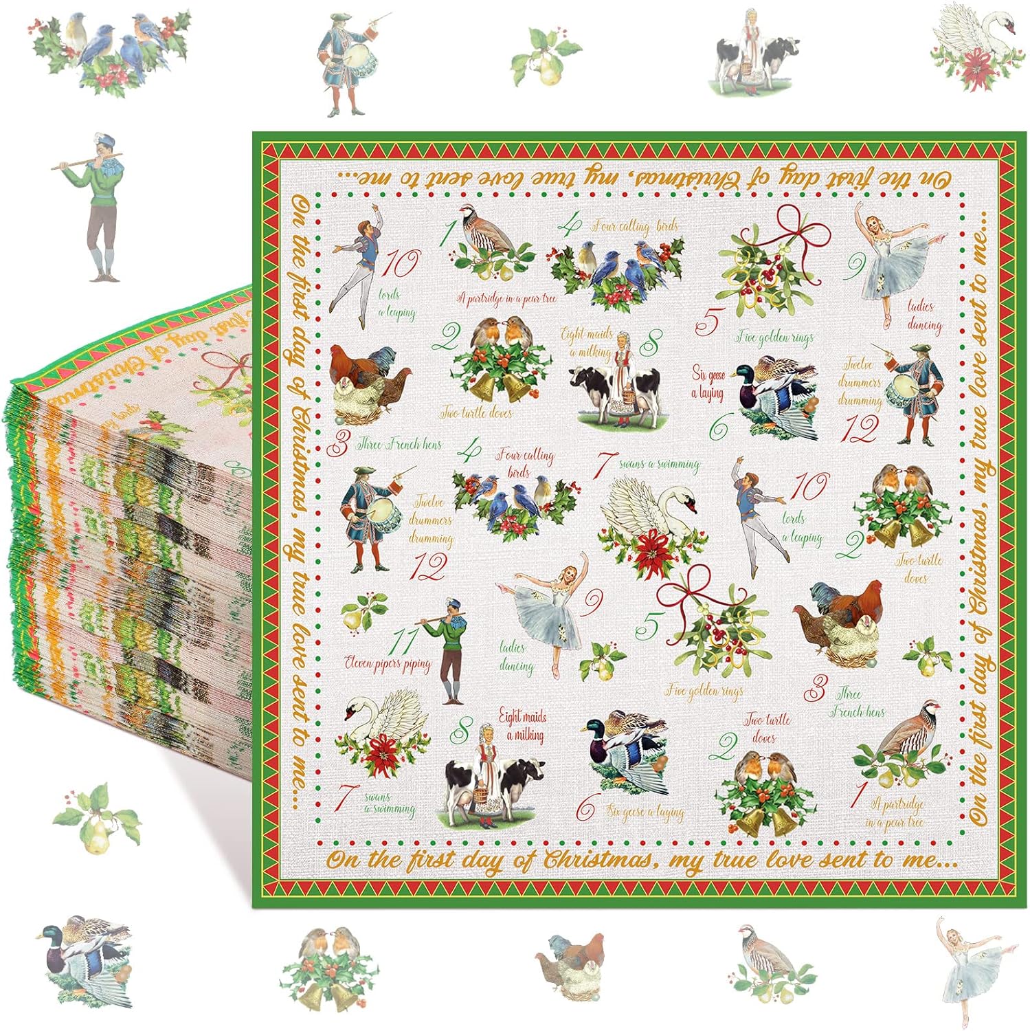 Geyee 100 Pcs 12 Days of Christmas Napkins Holiday Paper Napkin Disposable Guest Funny Towel Cocktail 2 Ply Xmas Decoupage Napkins Bulk