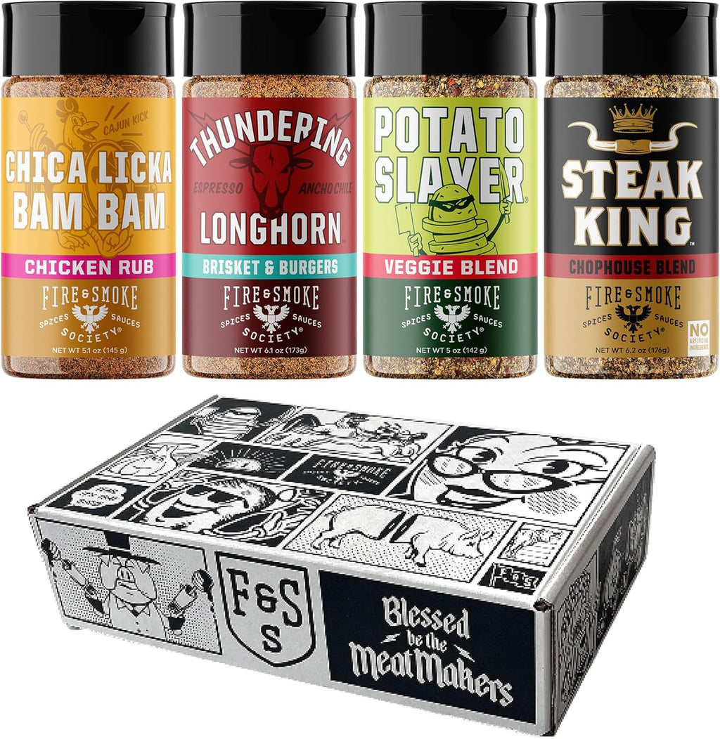 Fire & Smoke Society Meat & Potatoes Seasoning Variety Pack | BBQ Rubs, Gifts for Men, Father's Day Gifts | Steak Rub, Chicken, Burger Seasoning, Brisket Rub| Large Spices Set (4-Pack)