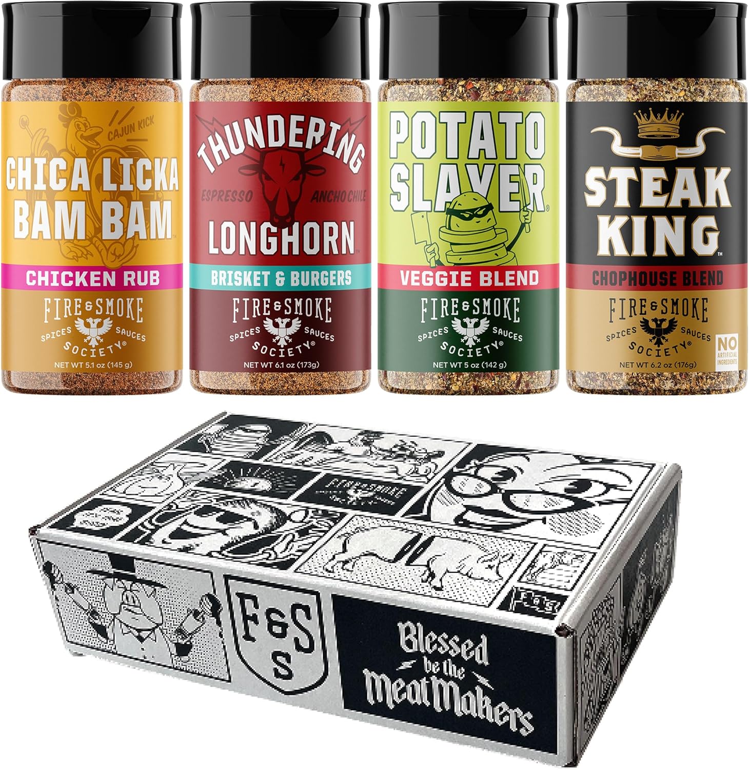 Fire & Smoke Society Meat & Potatoes Seasoning Variety Pack | BBQ Rubs, Gifts for Men, Father's Day Gifts | Steak Rub, Chicken, Burger Seasoning, Brisket Rub| Large Spices Set (4-Pack)