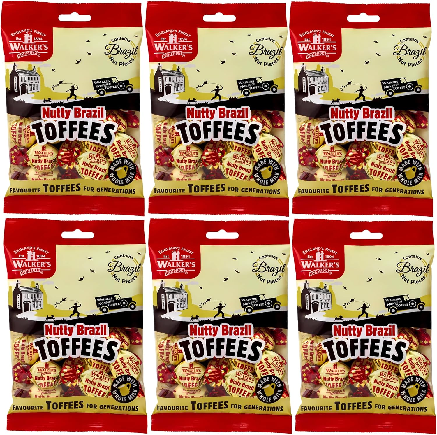 Walkers Nonsuch Nutty Brazil Toffees Bag 5.29 Oz (Pack of 6) – British Candy with Brazil Nuts, Individually Wrapped Butter Toffee Candy, English Toffee Sweets & Gourmet Food Gifts from UK