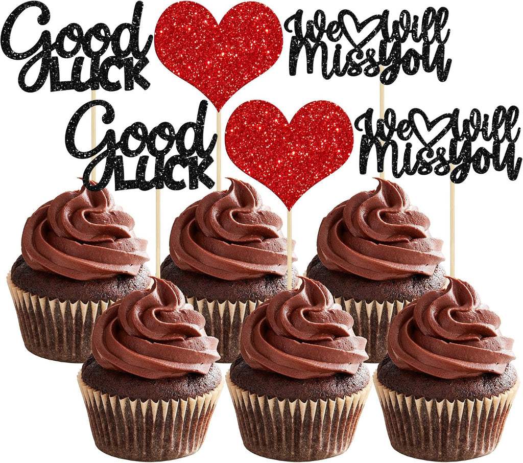Gyufise 36Pcs We Will Miss You Cupcake Toppers Glitter Red Love Heart Good Luck Cupcake Picks for Retirement Theme Going Away Party Cake Decorations