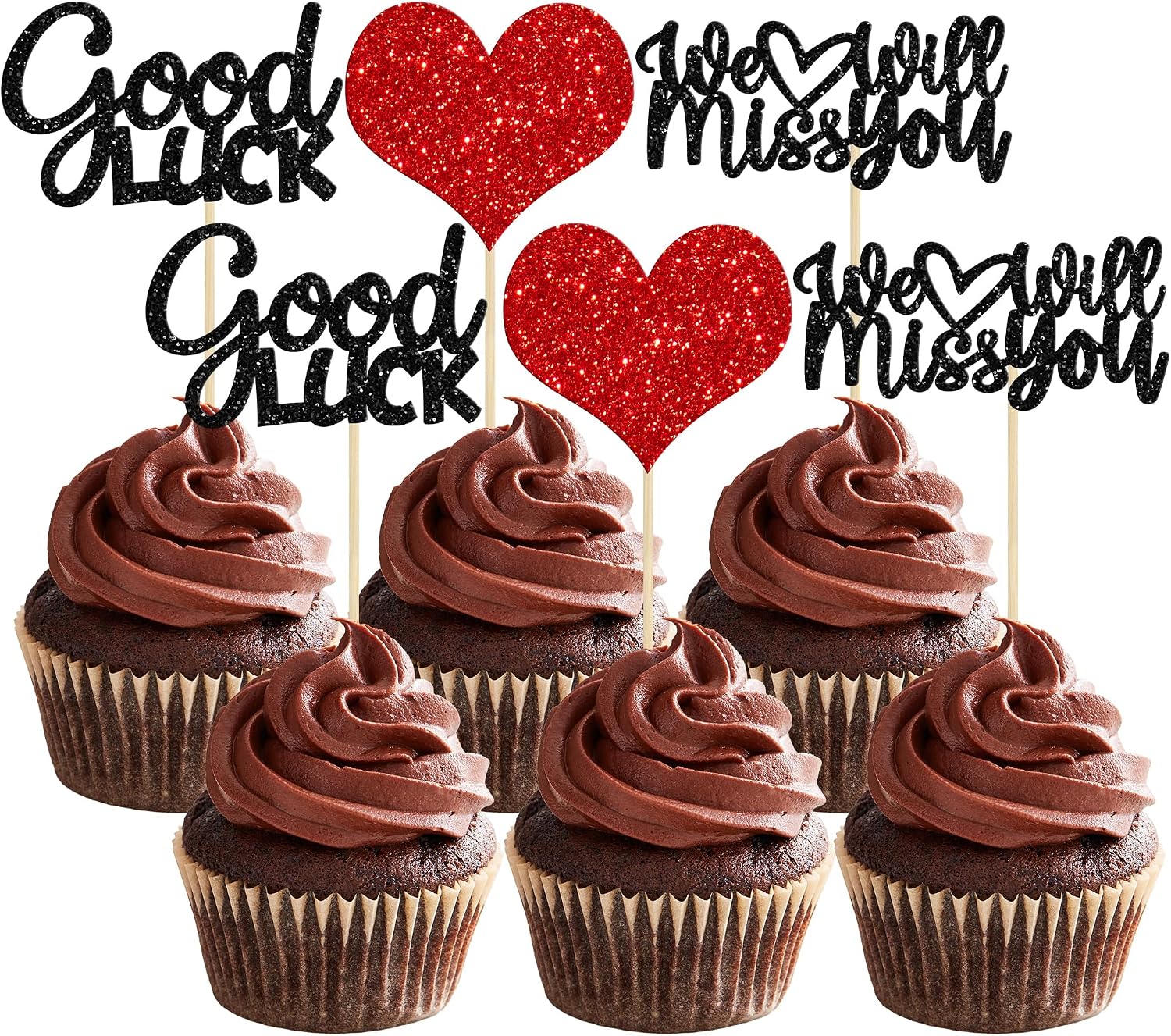 Gyufise 36Pcs We Will Miss You Cupcake Toppers Glitter Red Love Heart Good Luck Cupcake Picks for Retirement Theme Going Away Party Cake Decorations
