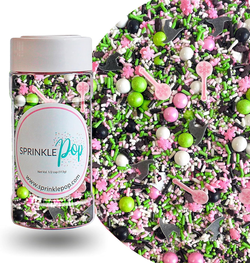Sprinkle Pop Which Witch Sprinkle Mix| Black Green White Pink Sprinkles with ~20 Witch Hats Wands Wafer Paper| Halloween Sprinkles Made in USA for Decorating Cake Cupcakes Donuts Cookies Brownies,4oz