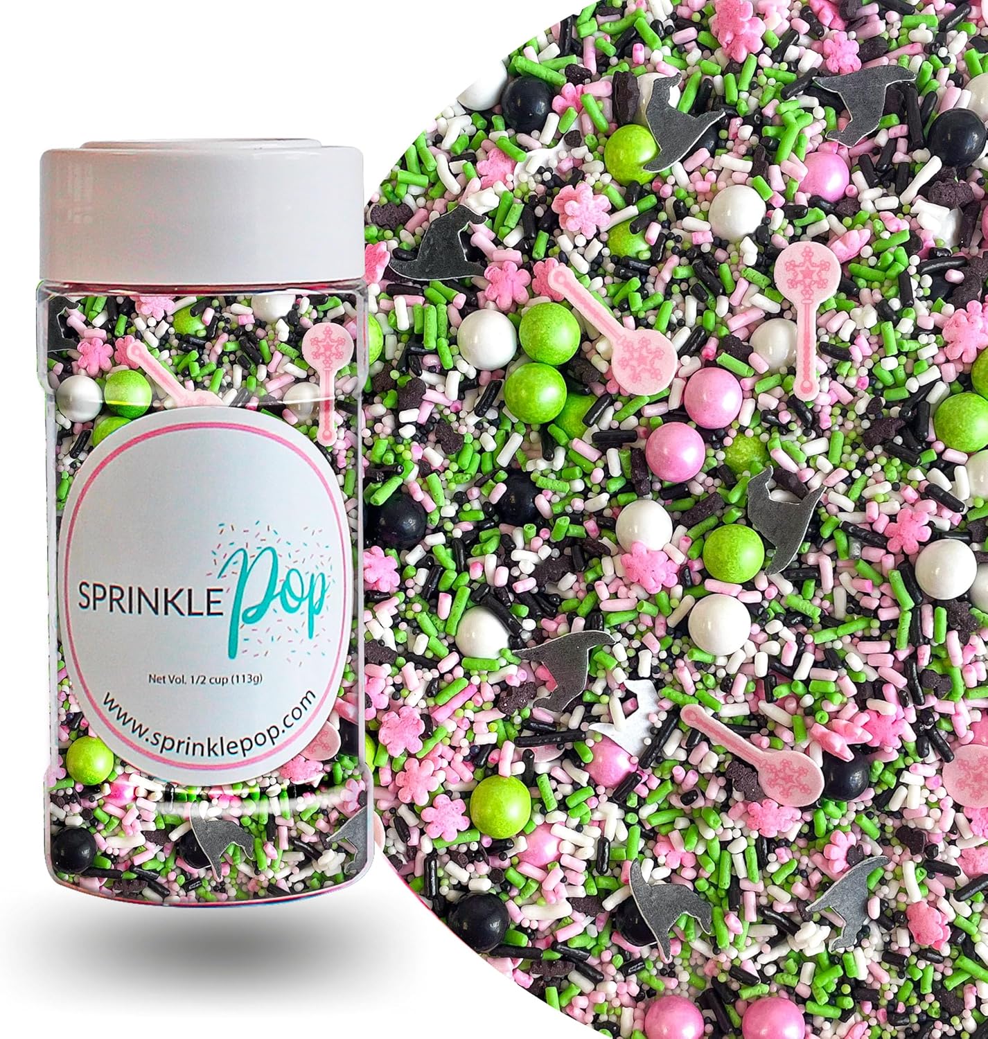 Sprinkle Pop Which Witch Sprinkle Mix| Black Green White Pink Sprinkles with ~20 Witch Hats Wands Wafer Paper| Halloween Sprinkles Made in USA for Decorating Cake Cupcakes Donuts Cookies Brownies,4oz