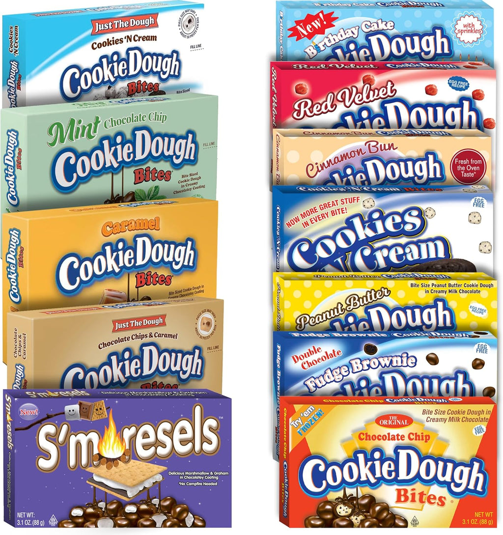 Cookie Dough Bites | 3.1 oz 12 Flavor Variety | Chocolate Chip, Birthday Cake, Caramel, Fudge Brownie, Mint, Peanut Butter, Cookies N Cream | Original Edible Cookie Dough Movie Theater Candy